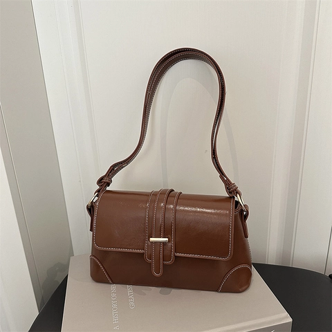 Women PU Leather Underarm Bag French Retro Contrast Stitching Gold Buckle Flap Small Shoulder Bag Minimalist Commute