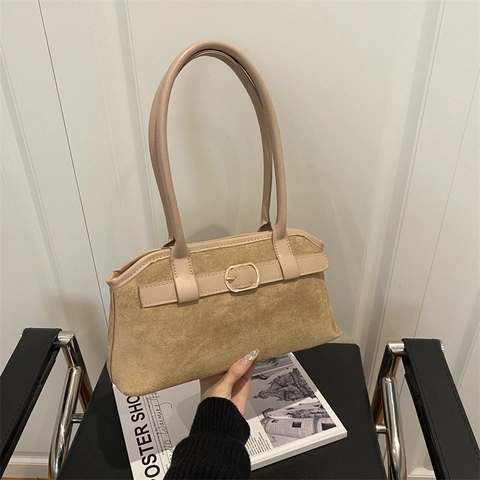 Elegant Suede Underarm Shoulder Bag Retro Faux Leather With Metal Buckle Solid Color Commuter Rectangular Handbag For Women