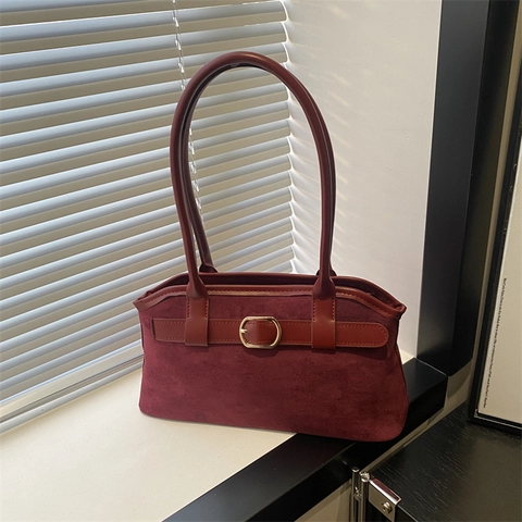 Bolso de Hombro de Gamuza Vintage para Mujer Gran Capacidad Bolso Tote Color Sólido Con Hebilla de Metal para Oficina Moda
