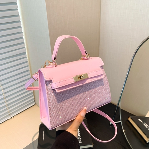 Borsa a Spalla da Donna in Pelle PU con Paillettes Giuntate Stile Kelly Hardware Dorato Mini Borsa a Tracolla Quadrata per Banchetto Quotidiano