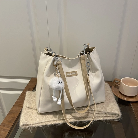 Large Capacity PU Leather Tote Bag For Women Commuting Shoulder Bag With Chain Strap And Monster Plush Charm