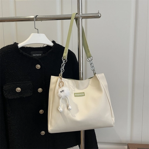 Large Capacity PU Leather Tote Bag For Women Commuting Shoulder Bag With Chain Strap And Monster Plush Charm