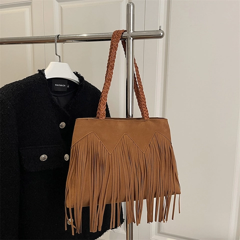 Bohemian Retro Fransen Tote Tasche Wildlederimitat Geflochtener Griff Große Kapazität Schultertasche Für Damen