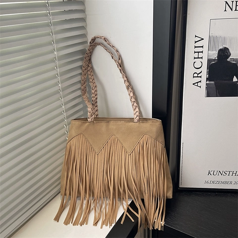 Bohemian Retro Fransen Tote Tasche Wildlederimitat Geflochtener Griff Große Kapazität Schultertasche Für Damen
