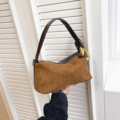 Women Shoulder Bag Suede Patchwork Leather Retro Underarm Handbag With Gold Metal Ring Chain For Daily Office