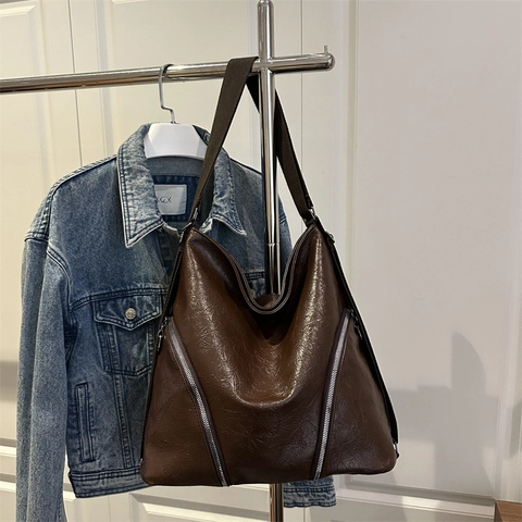 Vintage Soft PU Leather Large Capacity Tote Bag For Women With Double Zippers And Wide Shoulder Strap Casual Daily Shoulder Bag
