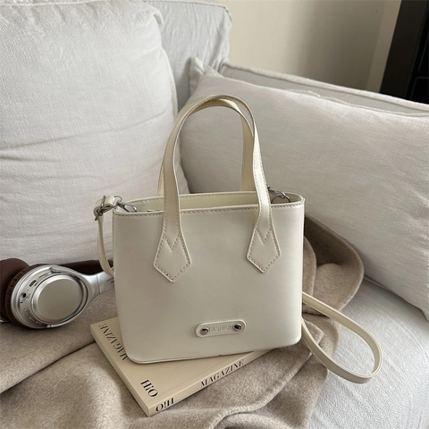 Mini PU Leather Handbag For Women Simple Solid Color Shoulder Crossbody Bag With Top Handle And Metal Plaque