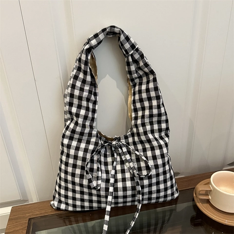 Gingham Tote Bag Women Cotton Canvas Shoulder Bag With Bow Tie Decoration Lightweight Casual Aesthetic Handbag