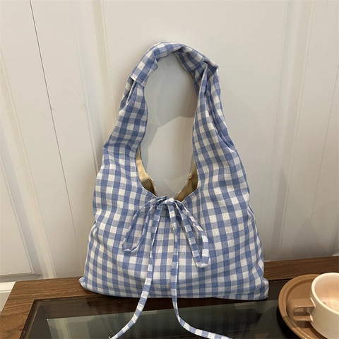 Sac Fourre-tout Rétro à Carreaux Vichy pour Femmes Grande Capacité en Tissu Oxford avec Nœud Style Coréen Sac de Shopping