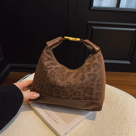 Borsa a Spalla Hobo con Stampa Leopardata da Donna Vintage in Pelle PU Tessuto Scamosciato Fibbia in Metallo Dorato Borsa a Tracolla