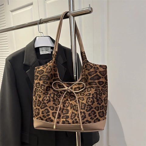 Dames Mode Luipaardprint Tote Bag Grote Capaciteit Schoudertas Met Strik Decoratie PU Suède Stof Handtas