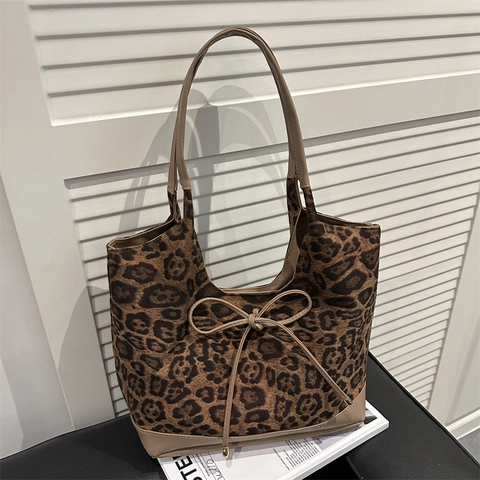 Dames Mode Luipaardprint Tote Bag Grote Capaciteit Schoudertas Met Strik Decoratie PU Suède Stof Handtas