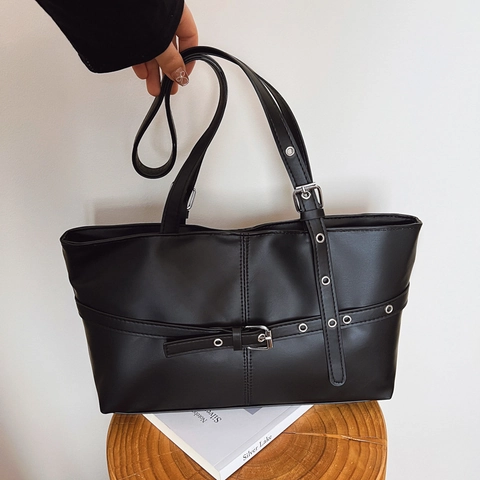 Vintage PU Leder Große Kapazität Tote Tasche Für Damen Urban Minimalistische Schultertasche Mit Gürtelschnalle Und Ösen Dekor Achseltasche