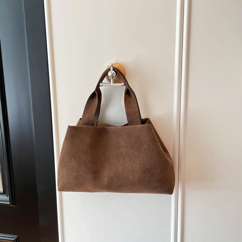Vintage French Style Faux Suede Tote Bag Minimalist Underarm Shoulder Bag Solid Color Large Capacity Commuter Handbag For Women