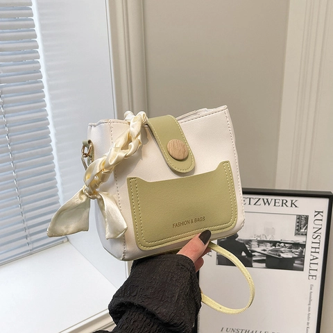 Women Fashion PU Leather Bucket Bag Minimalist Contrast Color Shoulder Bag With Satin Scarf And Flower Pendant For Daily Work