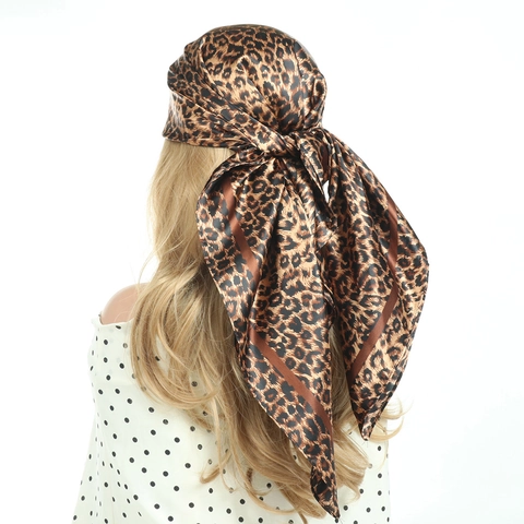 Women Fashion Leopard Print Satin Square Scarf Vintage Animal Pattern Hair Band Neck Kerchief Outdoor Sun Protection Wrap