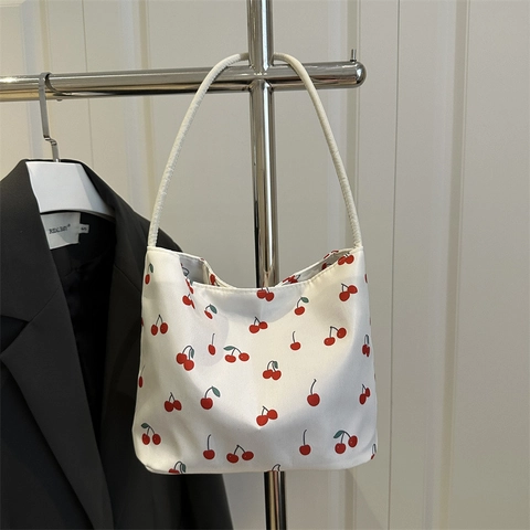Cherry Print Women Shoulder Bag Polyester Sweet Korean Style Large Capacity Tote Daily Casual Mini Hobo Handbag