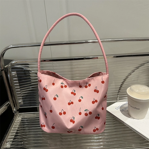 Cherry Print Women Shoulder Bag Polyester Sweet Korean Style Large Capacity Tote Daily Casual Mini Hobo Handbag