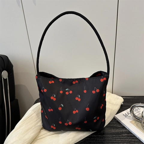 Borsa A Spalla Hobo In Nylon Con Stampa Ciliegie Per Donna Dolce Motivo Floreale Piccola Borsa A Mano Secchiello Casual Trendy