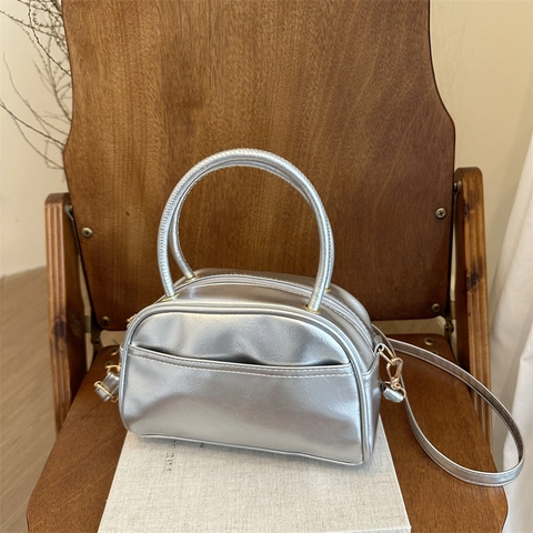 Borsa Piccola Quadrata da Donna in Pelle PU Lucida in Stile Coreano Semplice Borsa a Mano Vintage Con Doppi Manici Borsa a Tracolla Per Pendolarismo Quotidiano