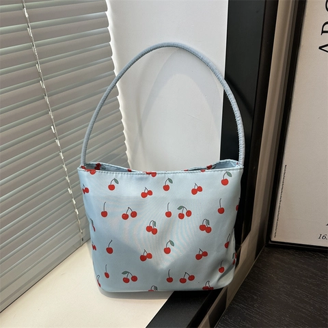 Dames Kersendruk Schoudertas Koreaanse Stijl Canvas Grote Capaciteit Onderarm Tote Bag Casual Student Handtas Woon-Werkverkeer Shopper