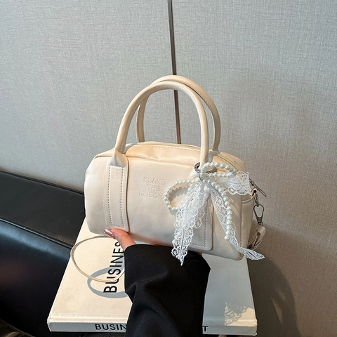 Korean Fashion PU Leather Boston Bag For Women 2025 New Small Square Crossbody Bag With Pearl Lace Bow Charm Handbag