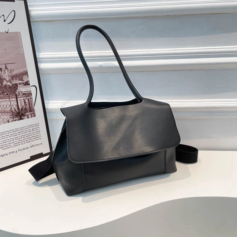 Damen Minimalistische PU Leder Umhängetasche Große Kapazität Klappenhandtasche Mit Breitem Gurt Lässiger Urbaner Stil
