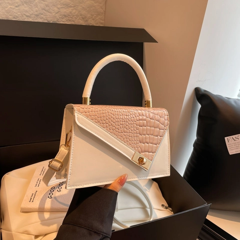 Bolso De Mano Para Mujer Cuero PU Patrón Cocodrilo Bloque De Color Bolso De Hombro Cruzado Con Asa Bloqueo Dorado