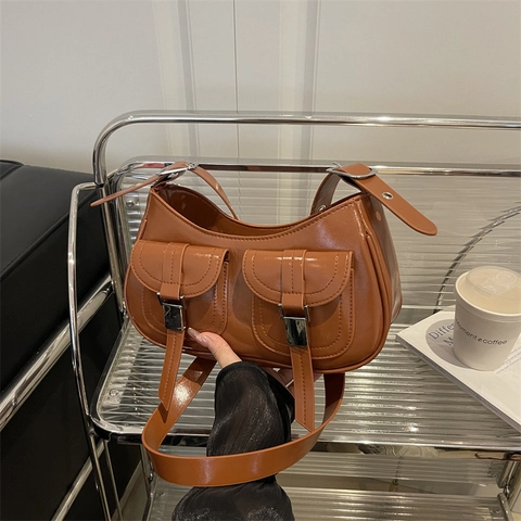 Vintage Glossy PU Leather Underarm Bag For Women Fashion Shoulder Bag With Double Front Pockets Urban Minimalist Crossbody Bag