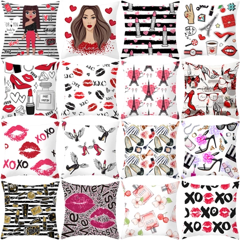 Valentine's Day Red Lips Heart Peach Skin Pillowcase Fashion Eiffel Tower Square Sofa Cushion Cover For Romantic Home Decor