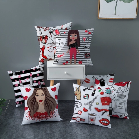 Valentine's Day Red Lips Heart Peach Skin Pillowcase Fashion Eiffel Tower Square Sofa Cushion Cover For Romantic Home Decor