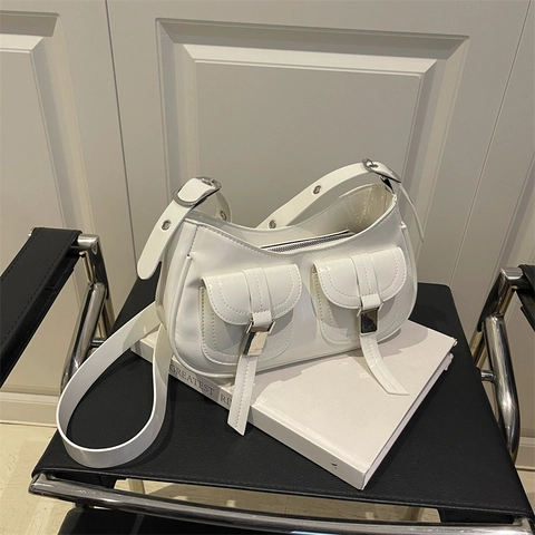 Vintage Glossy PU Leather Underarm Bag For Women Fashion Shoulder Bag With Double Front Pockets Urban Minimalist Crossbody Bag