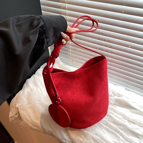 Bolso De Cubo De Gamuza Sintética Para Mujer Bolso De Hombro Retro De Color Sólido Con Correa Anudada Y Colgante Redondo