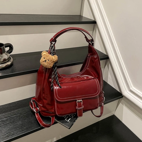 Glanzende PU Leren Schoudertas Grote Capaciteit Retro Hobo Tote Met Contraststiksel En Voorflapzak Voor Dames