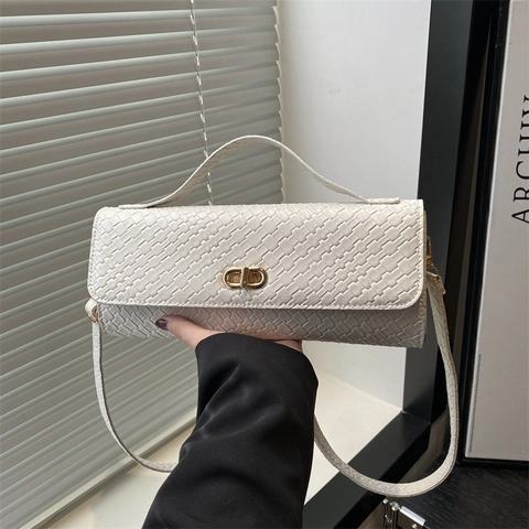 Woven Texture PU Leather Shoulder Bag For Women Retro Chic Baguette Handbag With Metallic Lock And Adjustable Strap