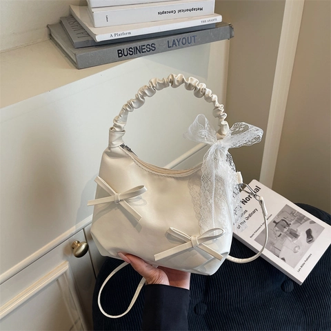Ruched Handle Shoulder Bag PU Leather Bow Decoration Underarm Handbag With Lace Ribbon Sweet Elegant Style For Women