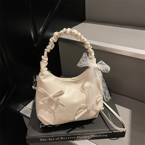 Ruched Handle Shoulder Bag PU Leather Bow Decoration Underarm Handbag With Lace Ribbon Sweet Elegant Style For Women