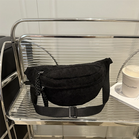 Women Corduroy Waist Bag Solid Color Casual Chest Crossbody Pack With Adjustable Strap Braided Zipper Puller