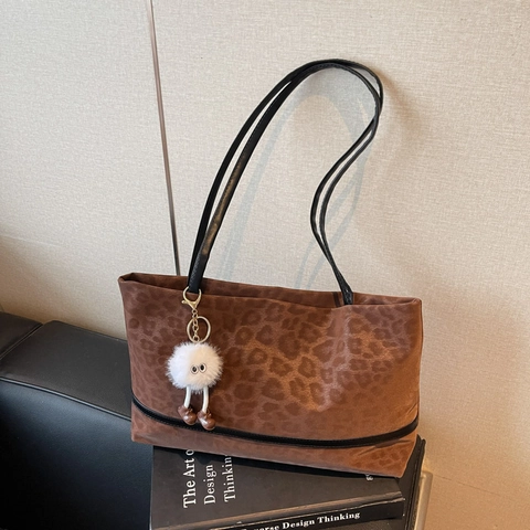 Vintage Leopard Print Faux Suede Tote Bag Large Capacity Commuting Shoulder Bag With Plush Monster Pendant For Women