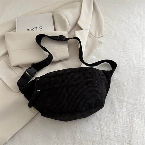 Fashion Corduroy Waist Bag Women Minimalist Solid Color Chest Bag Casual Sports Crossbody Bag With Braided Zipper Pulls