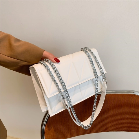 Geometric Quilted PU Leather Crossbody Bag Chic Triangle Stitching Flap Shoulder Bag With Silver Chain Strap For Women
