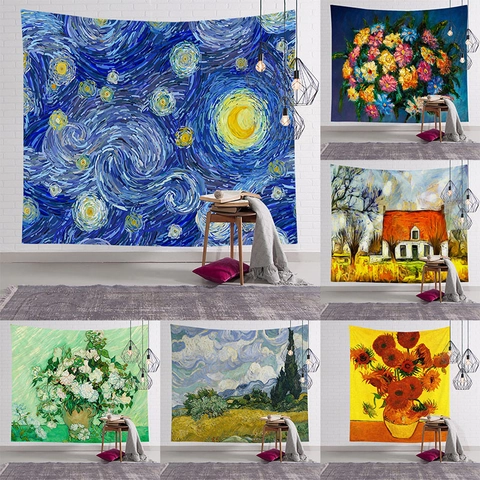 Wall Tapestry Famous Oil Painting Art Polyester Retro Hanging Cloth Bedroom Living Room Artistic Decor Background
