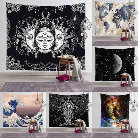 Bohemian Wall Tapestry Polyester Sun Moon Star Wave Print Background Fabric Hanging Decor For Bedroom Living Room Home Decoration