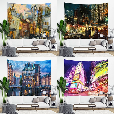 European Street Scene Wall Tapestry Impressionist Oil Painting Architecture Hanging Cloth Polyester Home Decor