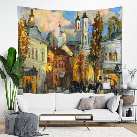 European Street Scene Wall Tapestry Impressionist Oil Painting Architecture Hanging Cloth Polyester Home Decor