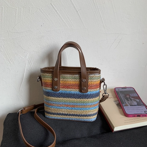Retro Colorful Woven Bucket Bag Straw Stripe Tote Bag Brown PU Handle Shoulder Crossbody Bag For Vacation Beach Women