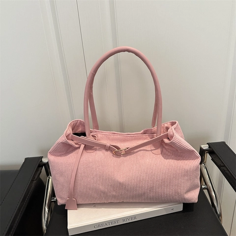 Women Corduroy Tote Bag Retro Minimalist Solid Color Underarm Bag With Belt Buckle Large Capacity Shoulder Bag Commuting Bag