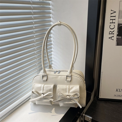 Women Glossy PU Leather Underarm Shoulder Bag Bowknot Decor Front Pockets Retro Balletcore Style