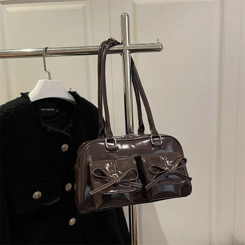 Women Glossy PU Leather Underarm Shoulder Bag Bowknot Decor Front Pockets Retro Balletcore Style
