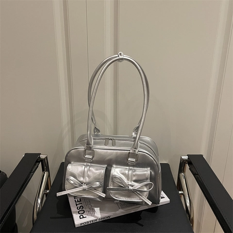 Borsa a Tracolla Sottoascella Retro in Pelle PU Con Fiocco per Donna Grande Capacità Finitura Lucida Moda Y2K Borsa a Mano Chic Urbana